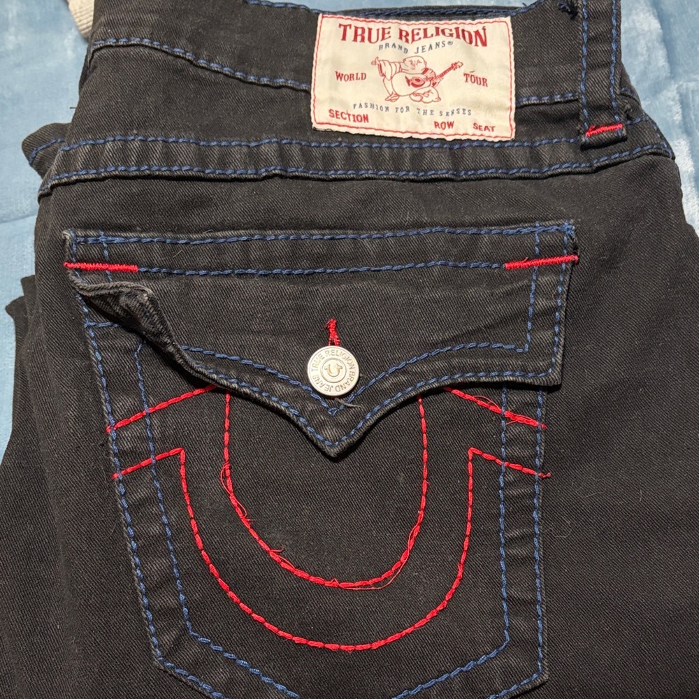 True Religion Black Denim with Red and Blue Accents